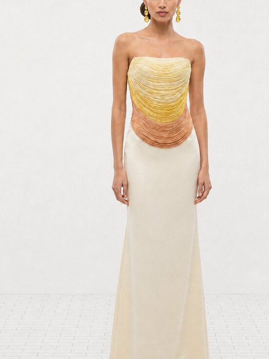 Dresses & Skirts - Ombre Fringe Strapless Satin Maxi Dress Yellow Peach Formal Gown